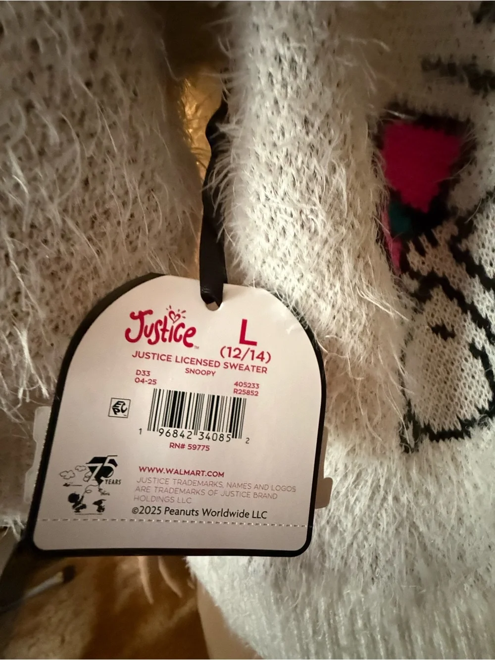 JUSTICE White Fuzzy Cartoon Snoopy Crewneck Sweater. Super soft!